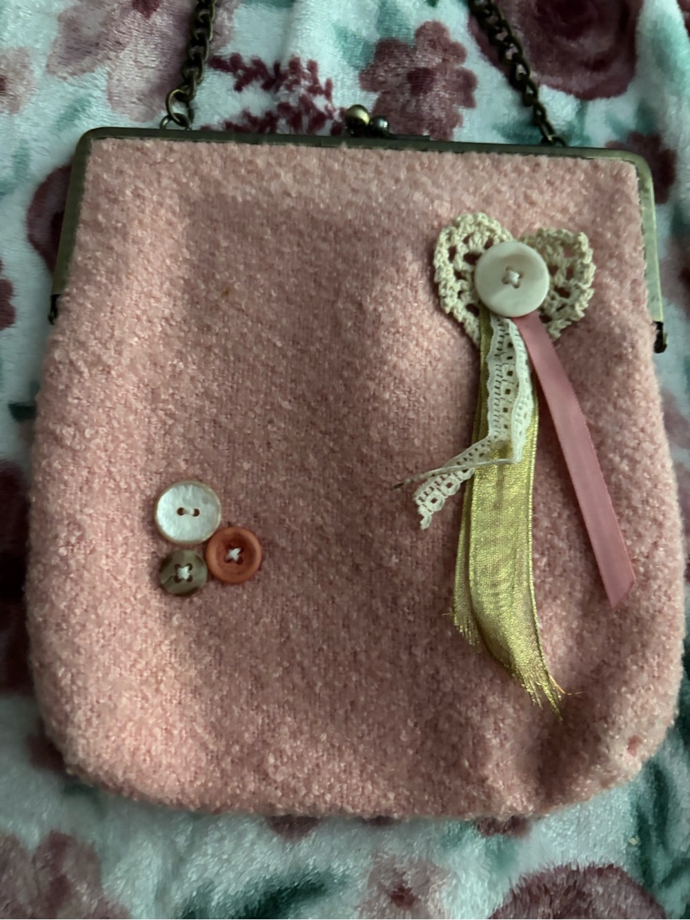 Women's Pink Bouclé Clip-Top Handbag with Ribbon Detail